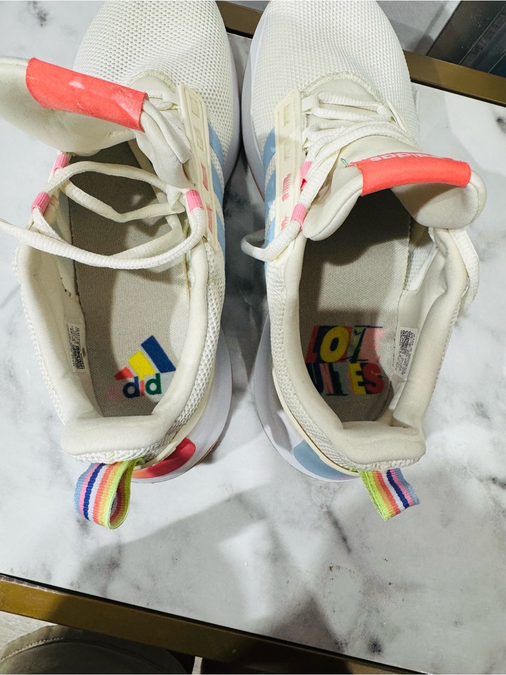 adidas Women’s Cream Sneakers with Light Blue Stripes and Rainbow Heel - Picture 7 of 9
